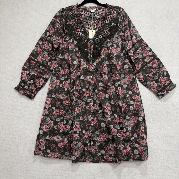 Sundance Tunic Dress Womens Small Gray Pink Floral Embroidered Lace Eyelet - Picture 1 of 11